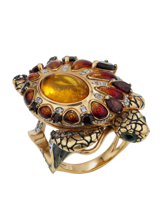 Кольцо из золота c эмалью, фианитом, гранатом и янтарём