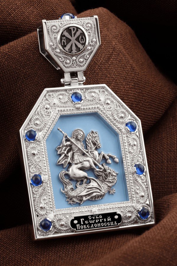Образок из белого золота 585 пробы c эмалью и сапфиром