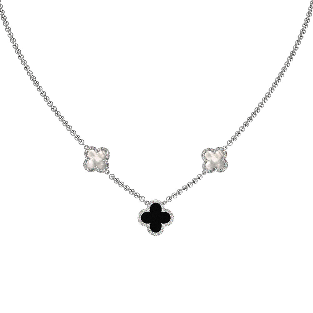 Колье из белого золота c бриллиантами, ониксом и перламутром