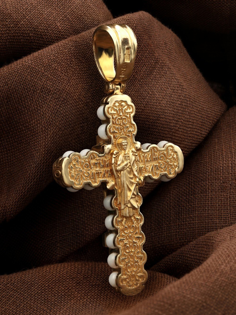 Крест из лимонного золота c кахолонгом