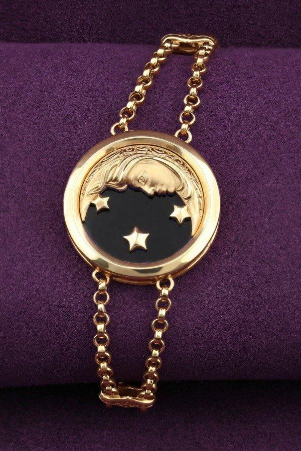 Браслет из лимонного золота 585 пробы c ониксом и перламутром