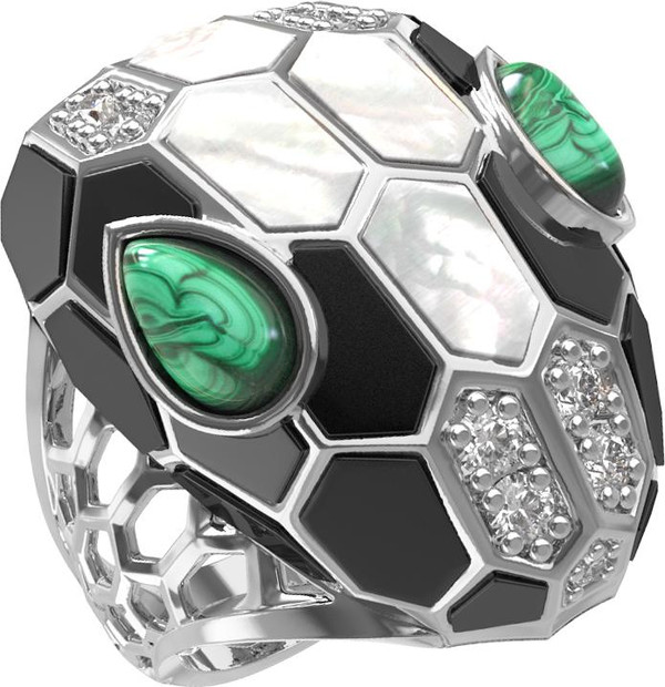 Кольцо из белого золота c бриллиантами, рубином, ониксом, малахитом и перламутром