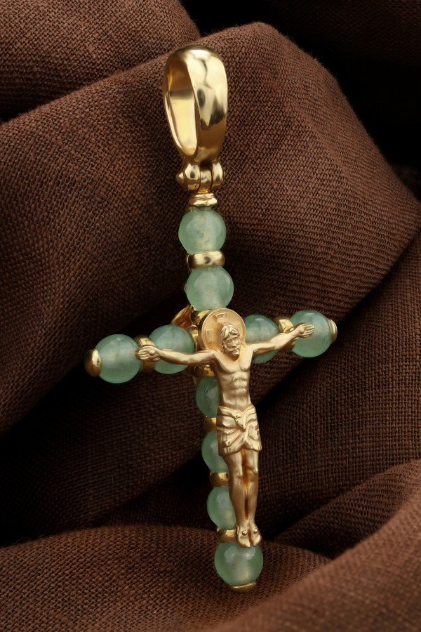 Крест из лимонного золота 585 пробы c нефритом