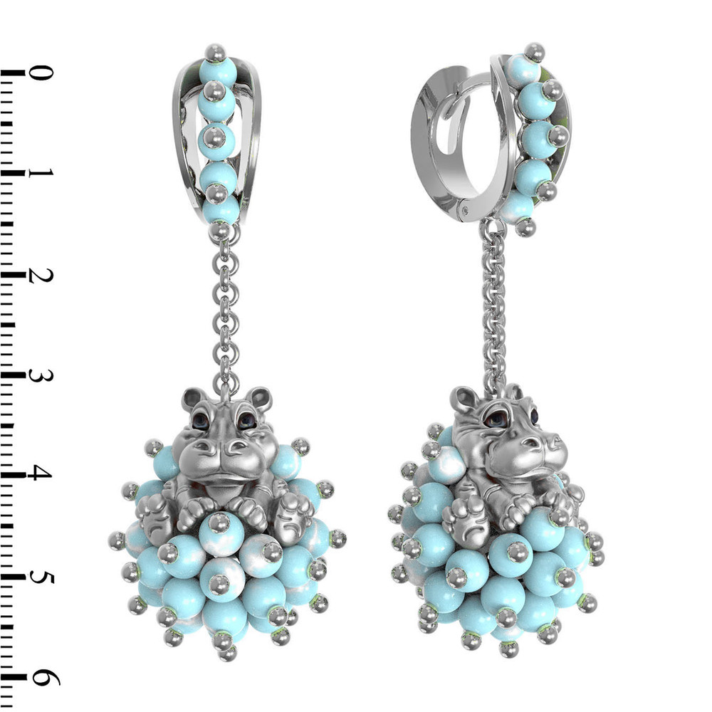 Серьги из белого золота c эмалью и бирюзой