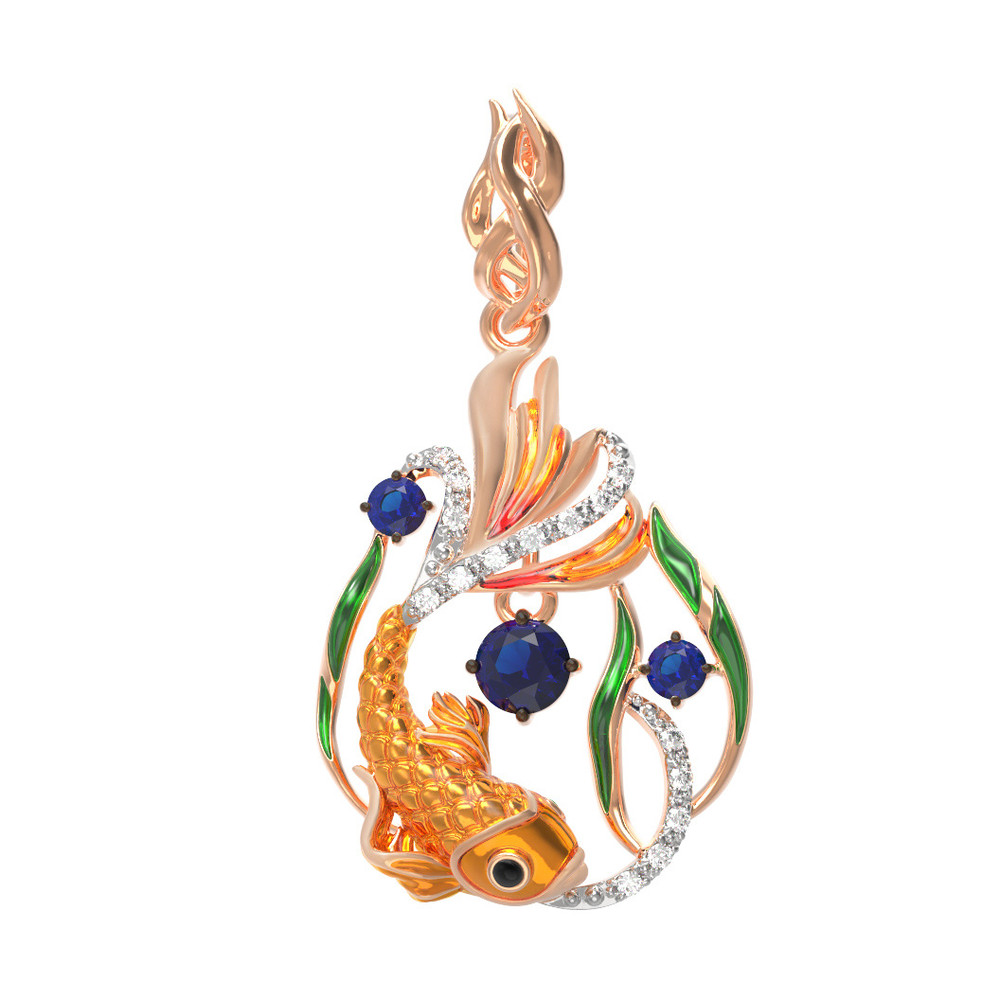 Подвеска из золота c эмалью, фианитом и сапфиром